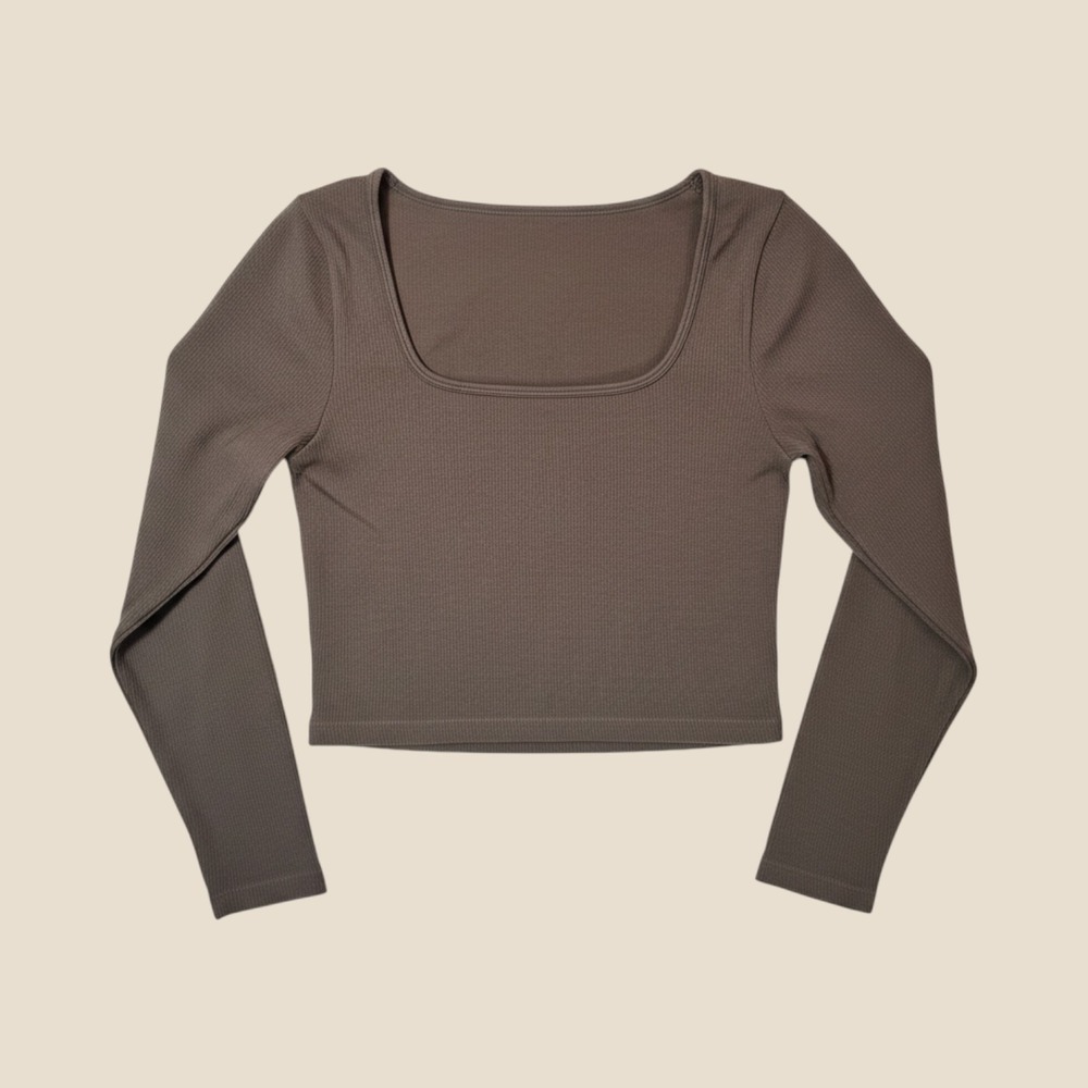 OQQ Women Brown Ribbed Long Sleeve Square Neck Seamless Crop Top Size L